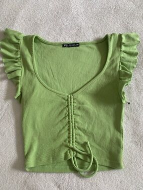Zara Bright Green Ruching Crop Top with Ruffle Sleeves